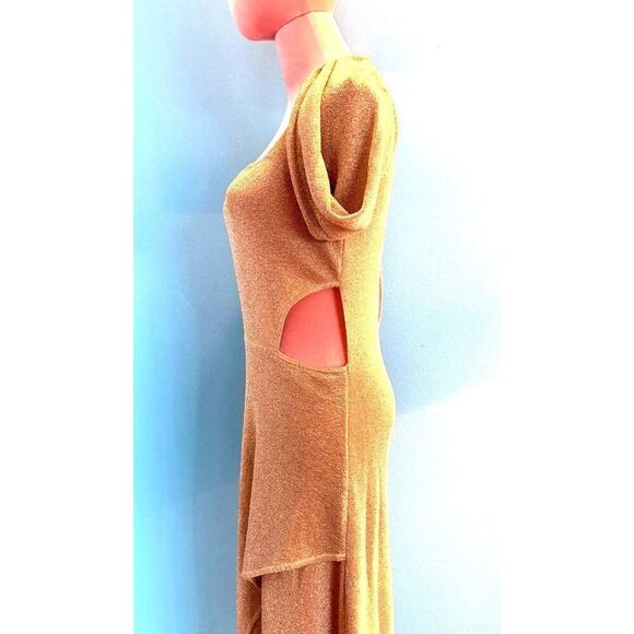 NWT MISA Los Angeles Beige Gold Metallic Midi Cut Out Waist Sweater Knit Dress M - Picture 5 of 7
